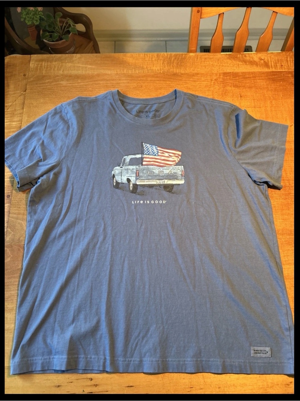 Life Is Good Blue Short Sleeve Tee with Truck and American Flag
